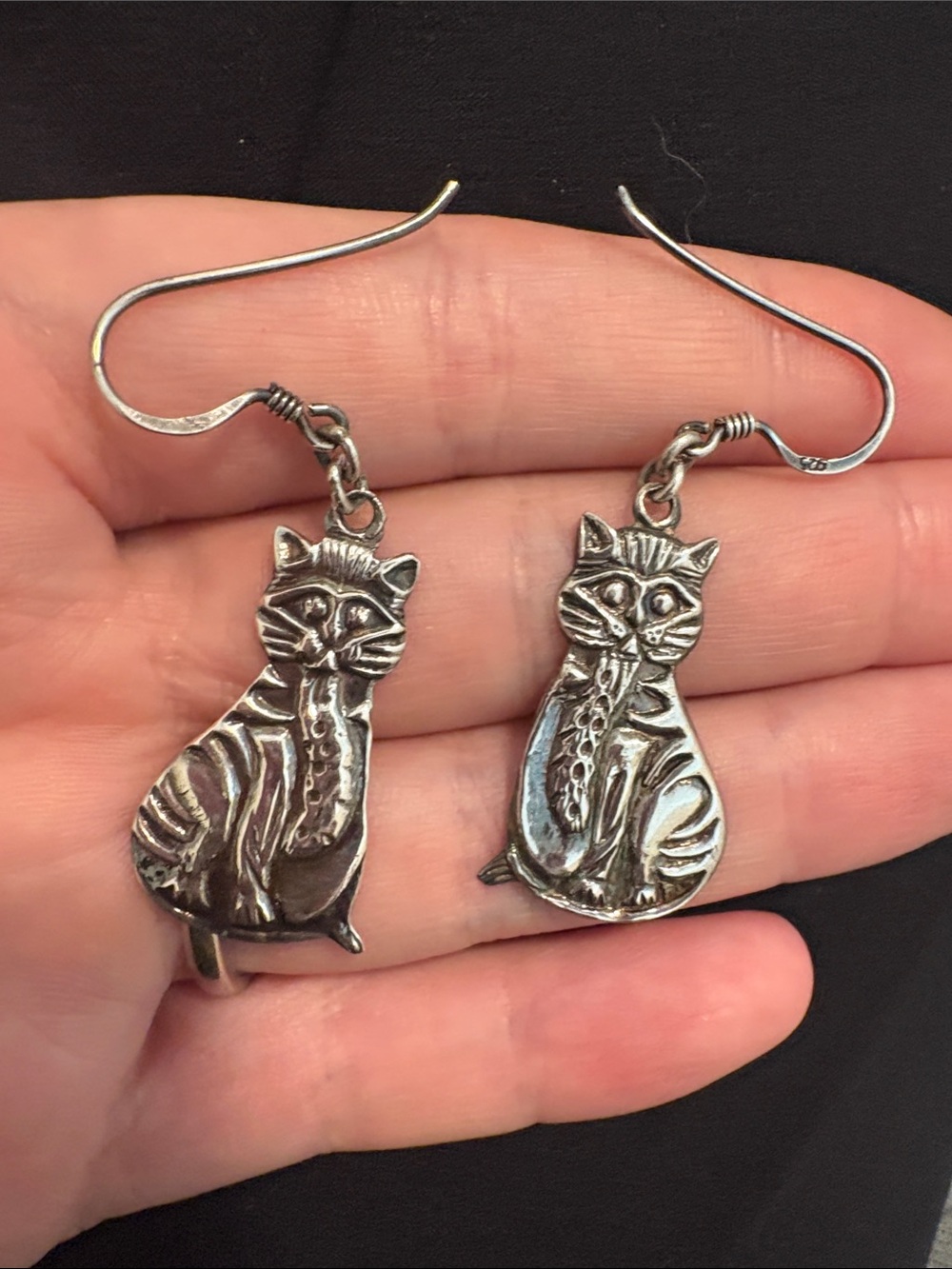 Silver Cat Dangle Earrings - Cute Cat Charm Earrings